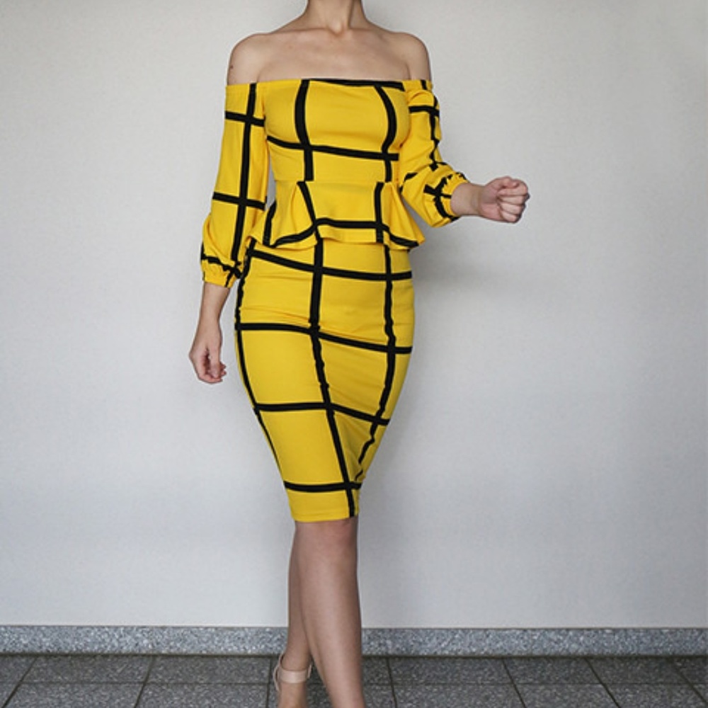 Grid/Plaid Print Peplum Dress w/ Removable Ribbon